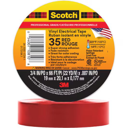 3M 7000006094 Scotch® Vinyl Color Coding Electrical Tape 35, 3/4 in x 66 ft, Red, 10 rolls/Carton - KEM - TRON INC.