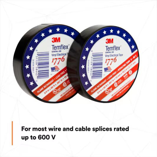 3M 7010398066 Temflex Vinyl Electrical Tape 1776, 3/4 in x 60 ft, 1 - 1/2 in Core, Black, 1 roll/carton, 100 rolls/Case - KEM - TRON INC.