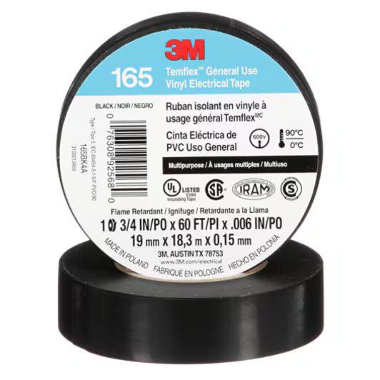 3M 7100169254 Temflex Vinyl Electrical Tape 165, Black, 3/4 in x 60 ft x .006 in, 100 Rolls/Case - KEM - TRON INC.
