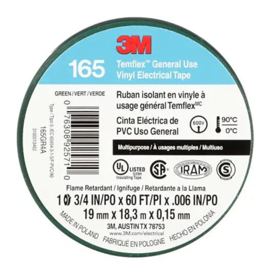 3M 7100169430 Temflex Vinyl Electrical Tape 165, Green, 3/4 in x 60 ft (19 mm x 18 m), 6 mil, 100 Rolls/Case - KEM - TRON INC.