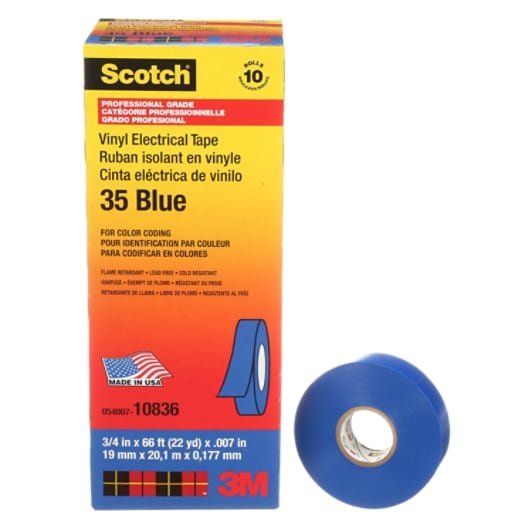3M 7000006095 Scotch® Vinyl Color Coding Electrical Tape 35, 3/4 in x 66 ft, Blue, 10 rolls/carton, 100 rolls/Case - KEM - TRON INC.