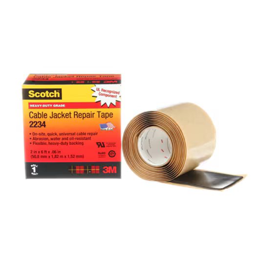 3M 7000006227 Scotch® Cable Jacket Repair Tape 2234, 2 in x 6 ft, Black, 1 roll/carton, 10 rolls/Case - KEM - TRON INC.