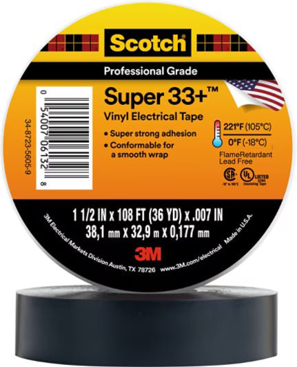 3M 7000031512 Scotch® Super 33+ Vinyl Electrical Tape, 1 - 1/2 in x 36 yd, 1 - 1/2 in Core, Black, 50 rolls/Case - KEM - TRON INC.