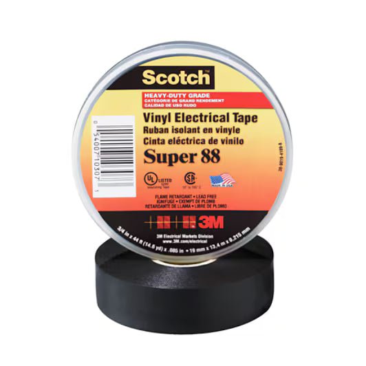 3M 7000031579 Scotch® Vinyl Electrical Tape Super 88, 3/4 in x 44 ft, Black, 10 rolls/carton, 100 rolls/Case - KEM - TRON INC.