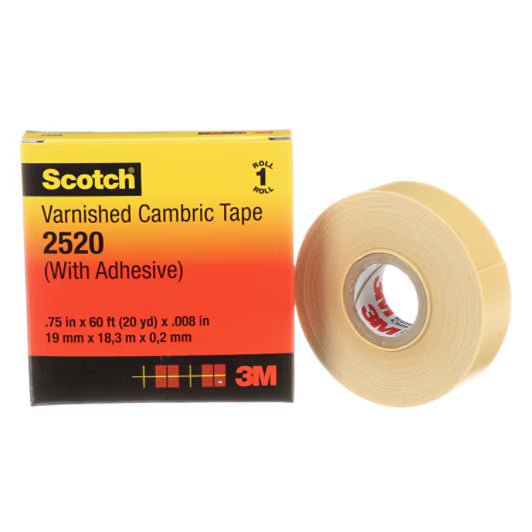 3M 7000031629 Scotch® Varnished Cambric Tape 2520, 3/4 in x 60 ft, Yellow, 1 roll/carton, 20 rolls/Case - KEM - TRON INC.