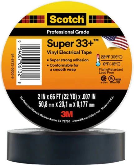 3M 7000058137 Scotch® Super 33+ Vinyl Electrical Tape, 2 in x 66 ft, 1 - 1/2 in Core, Black, 12 rolls/carton, 24 rolls/Case - KEM - TRON INC.