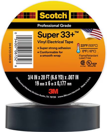 3M 7000058432 Scotch® Super 33+ Vinyl Electrical Tape, 3/4 in x 20 ft, Black, 10 rolls/carton, 100 rolls/Case - KEM - TRON INC.