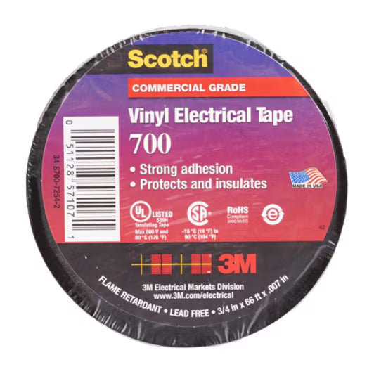 3M 7000058619 Scotch® Vinyl Electrical Tape 700, 2 in x 20 ft, Black, 100 rolls/Case, NO SHRINKWRAP - KEM - TRON INC.