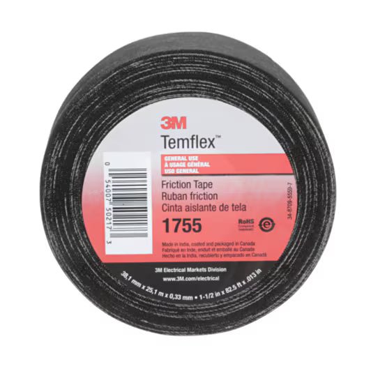 3M 7000058870 Temflex™ Cotton Friction Tape 1755, 3/4 in x 60 ft, Black, 20 rolls/Case - KEM - TRON INC.