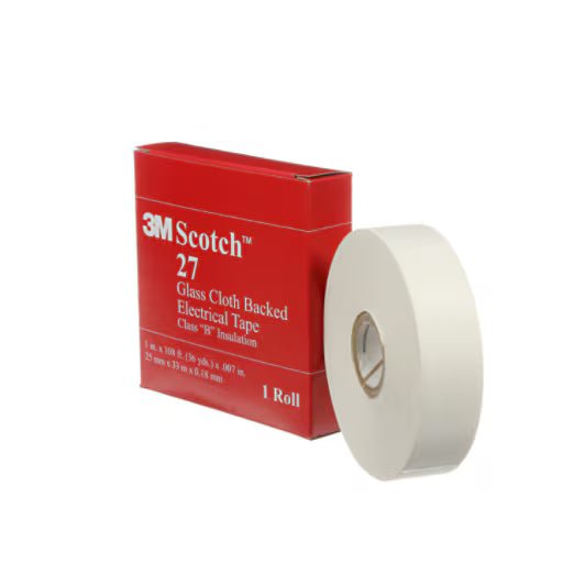 3M 7000132171 Glass Cloth Electrical Tape 27, White, Rubber Thermosetting Adhesive, 1 in x 36 yd (24,4 mm x 33 m), 48/case - KEM - TRON INC.