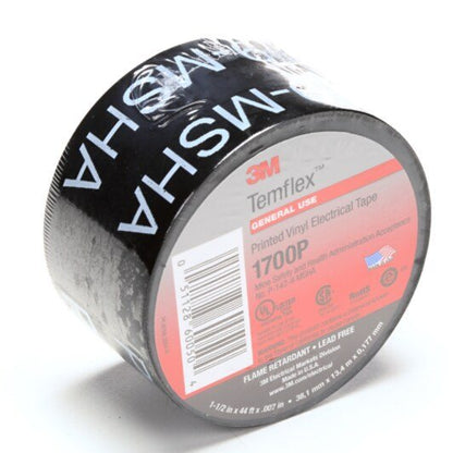 3M 7000133684 Temflex Mining - Grade Vinyl Electrical Tape 1700P, 1 - 1/2 in x 66 ft, Printed, Black, 1 roll/carton, 50 rolls/Case - KEM - TRON INC.