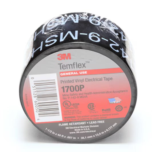 3M 7000133684 Temflex Mining - Grade Vinyl Electrical Tape 1700P, 1 - 1/2 in x 66 ft, Printed, Black, 1 roll/carton, 50 rolls/Case - KEM - TRON INC.
