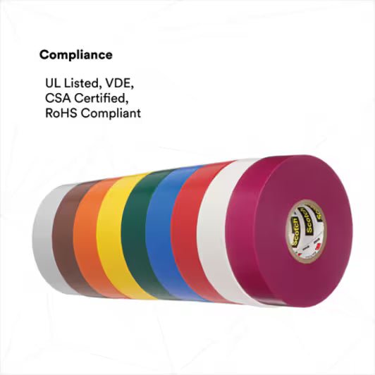 3M 7010297490 Scotch® Vinyl Color Coding Electrical Tape 35, 1/2 in x 20 ft, Multi - color, 8 rolls/pack, 50 packs/Case - KEM - TRON INC.