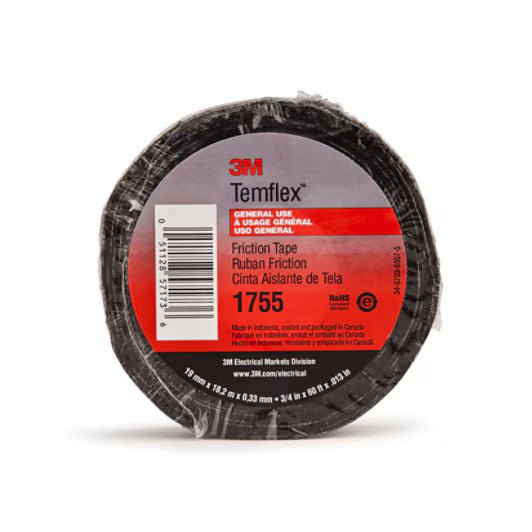 3M 7010297809 Temflex™ Cotton Friction Tape 1755, 3/4 in x 82 - 1/2 ft, Black, 60 rolls/Case - KEM - TRON INC.