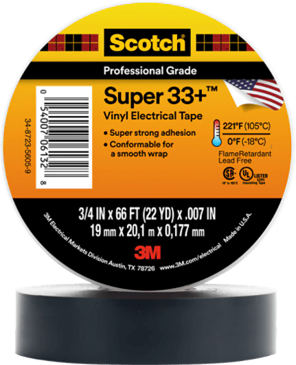 3M 7010349613 Scotch® Super 33+ Vinyl Electrical Tape, 3/4 in x 66 ft, 1 - 1/2 in Core, Black, 10 rolls/carton, 100 rolls/Case - KEM - TRON INC.