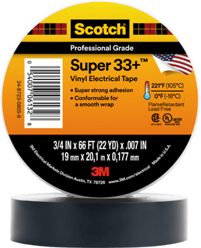 3M 7010349613 Scotch® Super 33+ Vinyl Electrical Tape, 3/4 in x 66 ft, 1 - 1/2 in Core, Black, 10 rolls/carton, 100 rolls/Case - KEM - TRON INC.