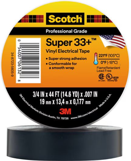 3M 7010350130 Scotch® Super 33+ Vinyl Electrical Tape, 3/4 in x 44 ft, Black, 10 rolls/carton, 100 rolls/Case - KEM - TRON INC.