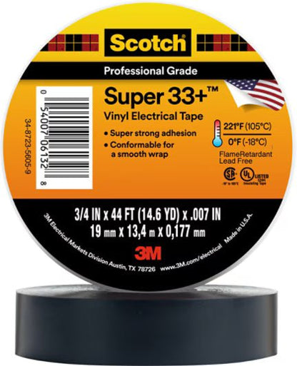 3M 7010350130 Scotch® Super 33+ Vinyl Electrical Tape, 3/4 in x 44 ft, Black, 10 rolls/carton, 100 rolls/Case - KEM - TRON INC.