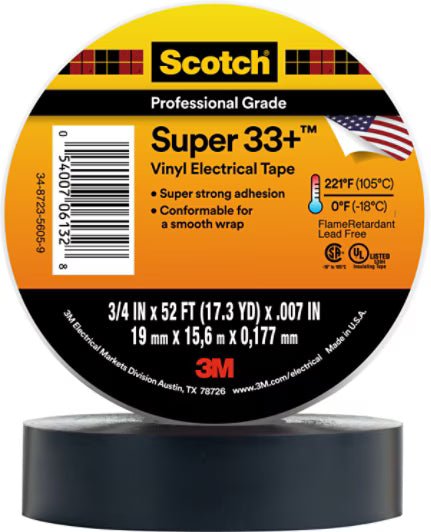 3M 7010397928 Scotch® Super 33+ Vinyl Electrical Tape, 3/4 in x 52 ft, Black, 10 rolls/carton, 100 rolls/Case - KEM - TRON INC.