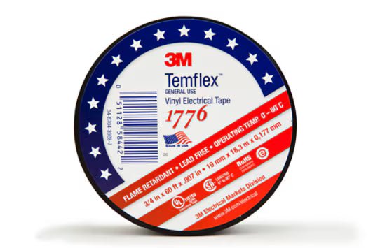 3M 7010398066 Temflex Vinyl Electrical Tape 1776, 3/4 in x 60 ft, 1 - 1/2 in Core, Black, 1 roll/carton, 100 rolls/Case - KEM - TRON INC.