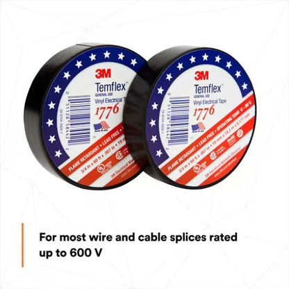 3M 7010398066 Temflex Vinyl Electrical Tape 1776, 3/4 in x 60 ft, 1 - 1/2 in Core, Black, 1 roll/carton, 100 rolls/Case - KEM - TRON INC.