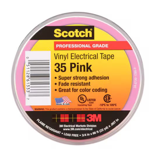 3M 7010411602 Scotch® Vinyl Color Coding Electrical Tape 35, 3/4 in x 66 ft, Pink, 10 rolls/carton - KEM - TRON INC.