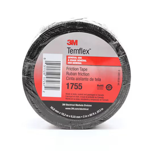 3M 7100016886 Temflex™ Cotton Friction Tape 1755, 2 in x 60 ft, Black, 30 rolls/Case - KEM - TRON INC.