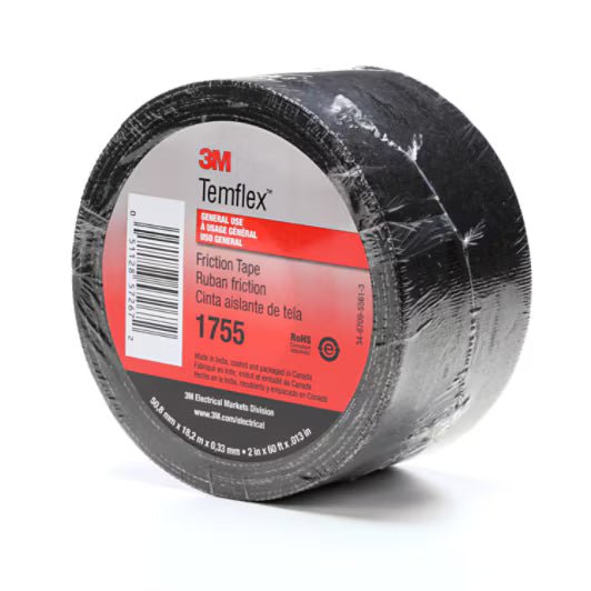 3M 7100016886 Temflex™ Cotton Friction Tape 1755, 2 in x 60 ft, Black, 30 rolls/Case - KEM - TRON INC.
