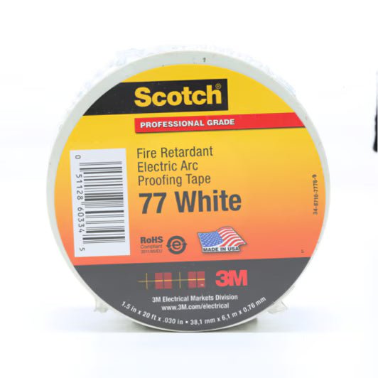 3M 7100080070 Scotch® Fire - Retardant Electric Arc Proofing Tape 77W, 1 - 1/2 in x 20 ft, White/Gray, 1 roll/carton, 10 rolls/Case - KEM - TRON INC.