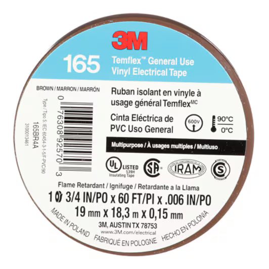 3M 7100169191 Temflex Vinyl Electrical Tape 165, Brown, 3/4 in x 60 ft (19 mm x 18 m), 6 mil, 100 Rolls/Case - KEM - TRON INC.