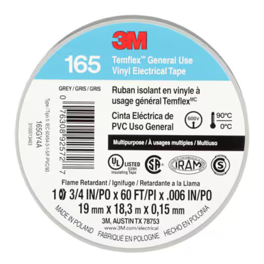 3M 7100169192 Temflex Vinyl Electrical Tape 165, Gray, 3/4 in x 60 ft (19 mm x 18 m), 6 mil, 100 Rolls/Case - KEM - TRON INC.