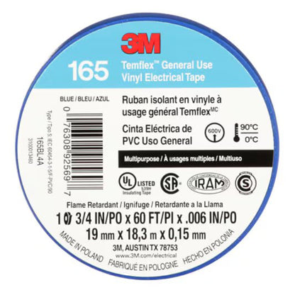 3M 7100169429 Temflex Vinyl Electrical Tape 165, Blue, 3/4 in x 60 ft (19 mm x 18 m), 6 mil, 100 Rolls/Case - KEM - TRON INC.