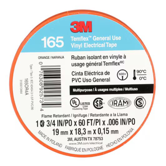 3M 7100169433 Temflex Vinyl Electrical Tape 165, Orange, 3/4 in x 60 ft (19 mm x 18 m), 6 mil, 100 Rolls/Case - KEM - TRON INC.