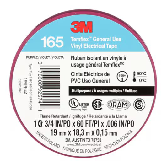 3M 7100169434 Temflex Vinyl Electrical Tape 165, Purple, 3/4 in x 60 ft (19 mm x 18 m), 6 mil, 100 Rolls/Case - KEM - TRON INC.