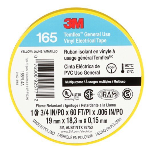 3M 7100169490 Temflex Vinyl Electrical Tape 165, Yellow, 3/4 in x 60 ft (19 mm x 18 m), 6 mil, 100 Rolls/Case - KEM - TRON INC.