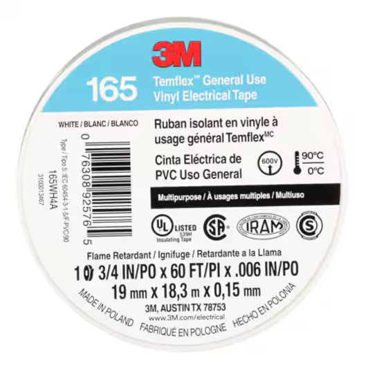 3M 7100169491 Temflex Vinyl Electrical Tape 165, White, 3/4 in x 60 ft (19 mm x 18 m), 6 mil, 100 Rolls/Case - KEM - TRON INC.