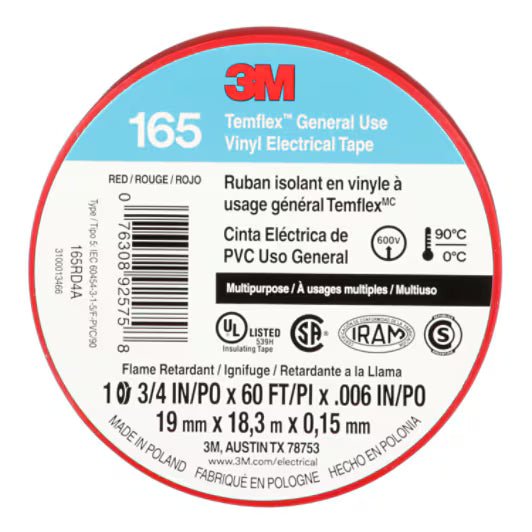3M 7100169492 Temflex Vinyl Electrical Tape 165, Red, 3/4 in x 60 ft (19 mm x 18 m), 6 mil, 100 Rolls/Case - KEM - TRON INC.