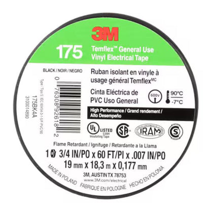 3M 7100188506 Temflex Vinyl Electrical Tape 175, Black, 3/4 in x 60 ft (19 mm x 18 m), 7 mil, 100 Rolls/Case - KEM - TRON INC.