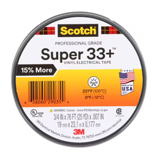 3M 7100201470 Scotch® Super 33+ Vinyl Electrical Tape, 3/4 in x 76 ft, 1 in Core, Black, 10 rolls/carton, 100 rolls/Case - KEM - TRON INC.