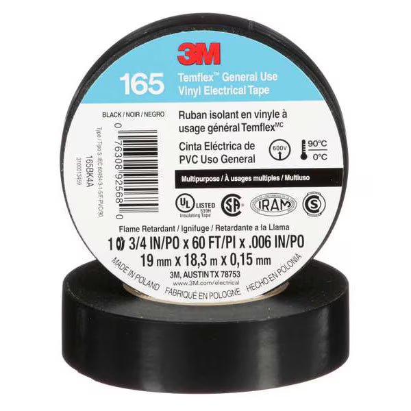 3M 7100216141 Temflex 165 19mm x 9m (3/4in x 30ft) Black - AM, 10 rolls per pack, 100 rolls per case - KEM - TRON INC.