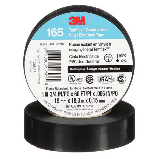 3M 7100216141 Temflex 165 19mm x 9m (3/4in x 30ft) Black - AM, 10 rolls per pack, 100 rolls per case - KEM - TRON INC.