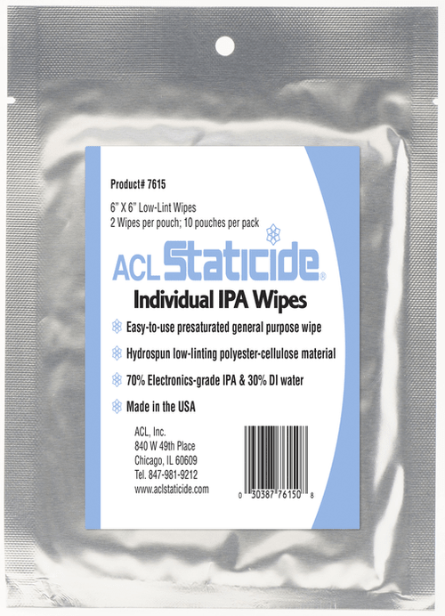 ACL Staticide® 7615 IPA Cleaning Wipes, Isopropyl Alcohol, 6" x 6", 2 wipes per bag - KEM - TRON INC.