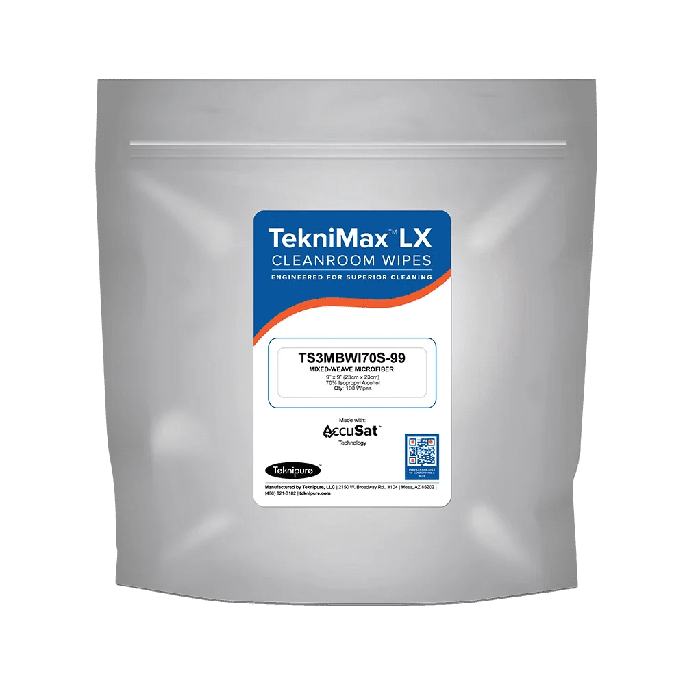 Teknipure TekniMax TS3MBWI70S - 99, Mixed - Weave Microfiber Wipers with AccuSat, ESD Static Shield Bag, 70% Isopropyl Alcohol, 9 in x 9 in, case of 500 - KEM - TRON INC.